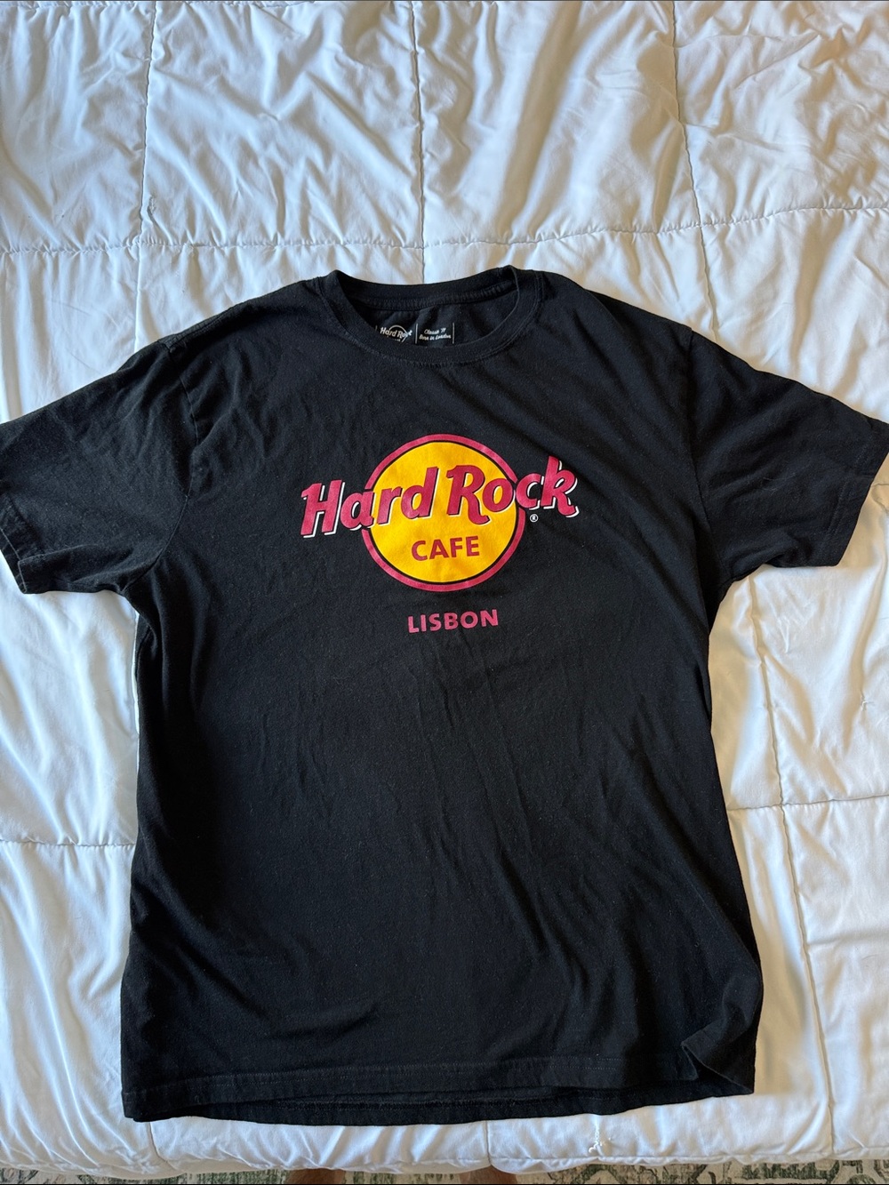 Hard Rock Cafe Black T‑Shirt with Yellow & Pink Logo - Lisbon